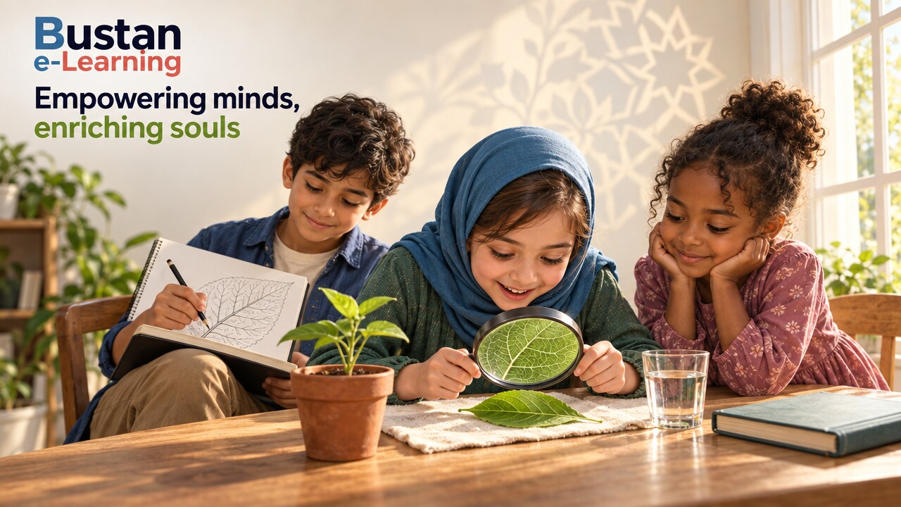 Three children at a sunlit table, one looking closely at a leaf through a magnifying glass while another draws its veins