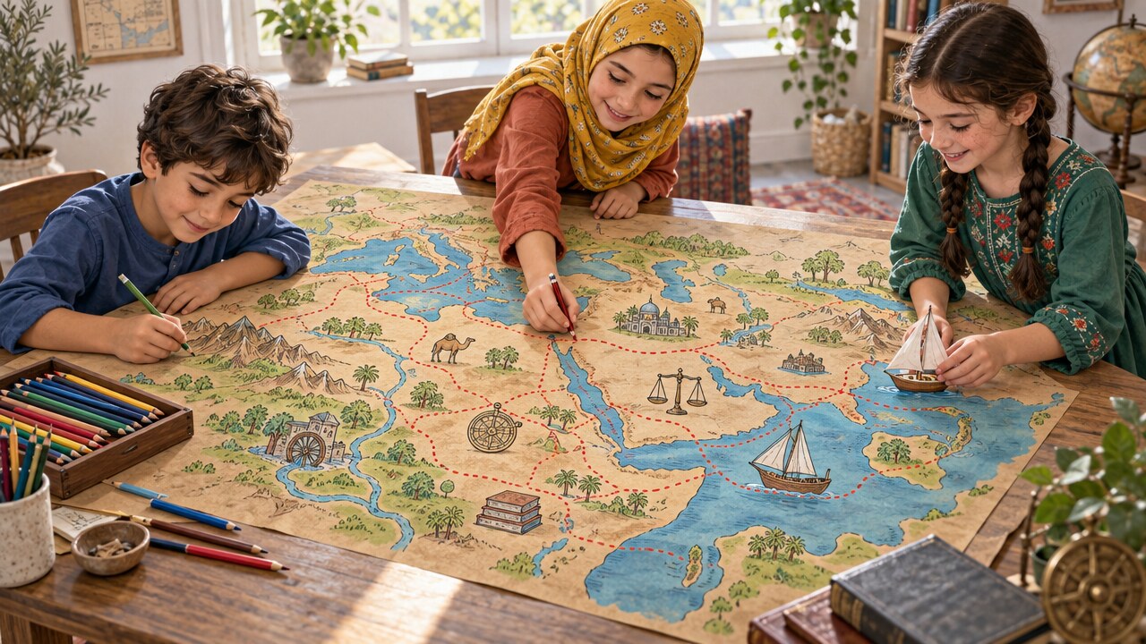 Three children leaning over a huge hand-drawn map on brown paper, adding routes between small drawn symbols