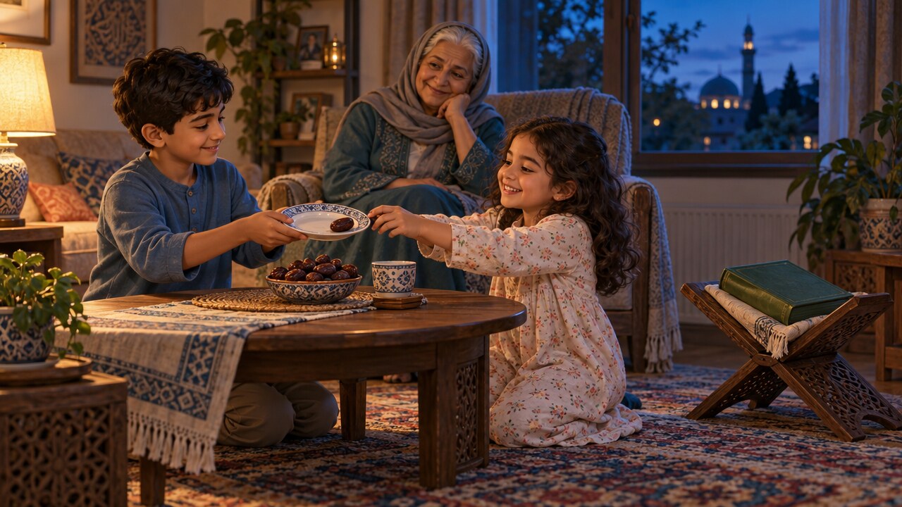 A boy offering his younger sister the last date from a plate in a lamp-lit front room, their grandmother watching