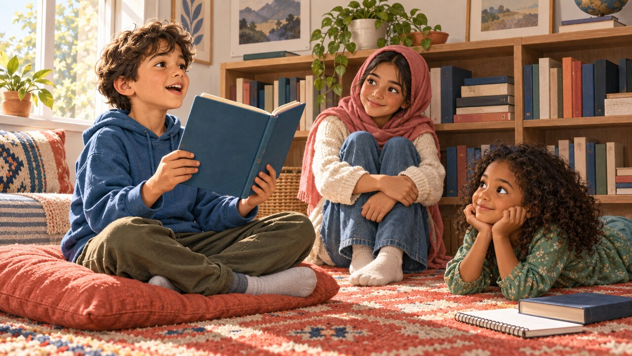 A boy reading aloud from a book to two other children in a sunlit reading corner, both listening closely