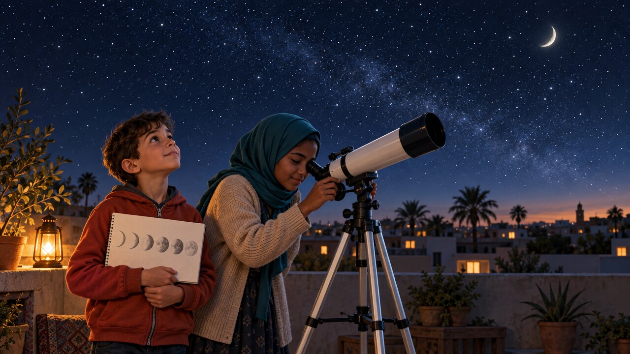 A girl at a small telescope on a rooftop at dusk, a boy beside her holding a sketchbook of drawn moon phases
