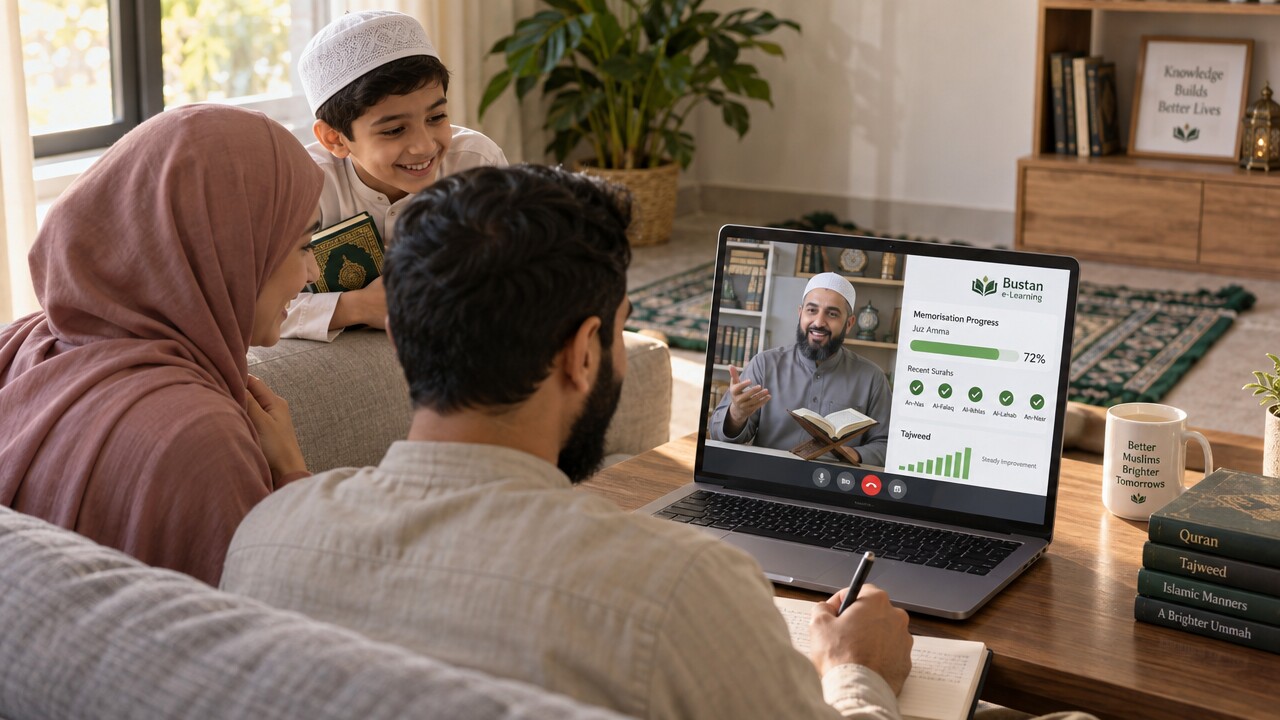 A mother and father going through their child&rsquo;s Qur&rsquo;an progress report with his teacher on a laptop