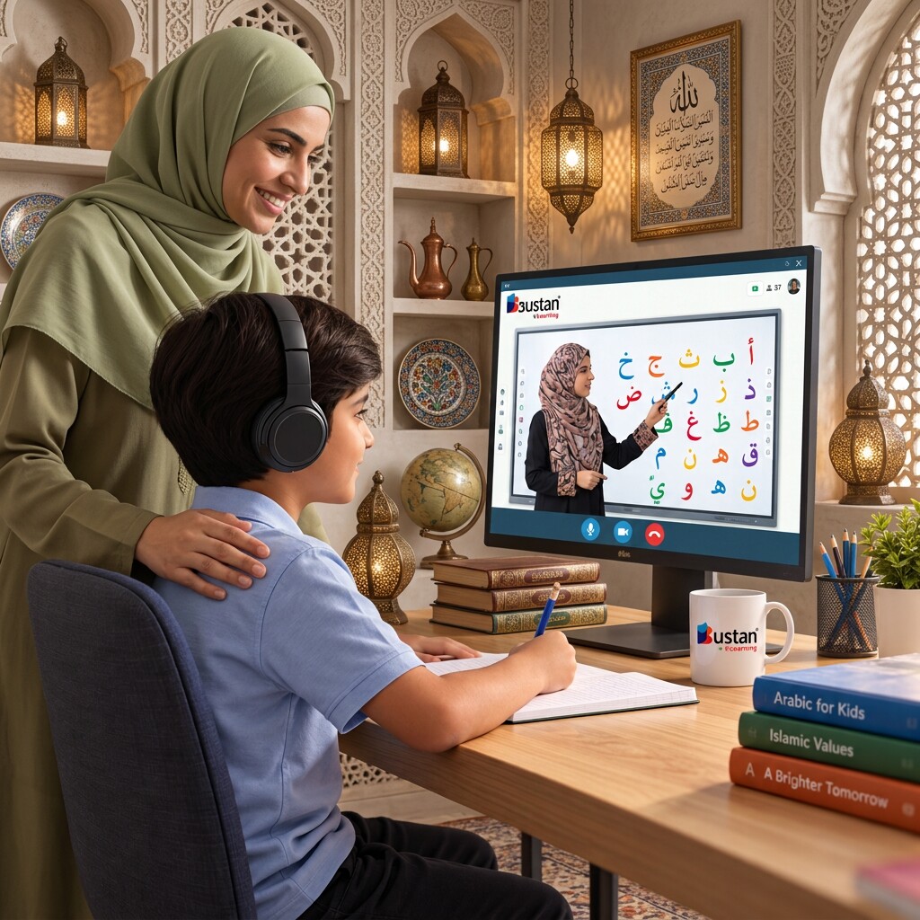 A boy taking his Arabic lesson at a desk in a traditionally furnished room, his mother behind him