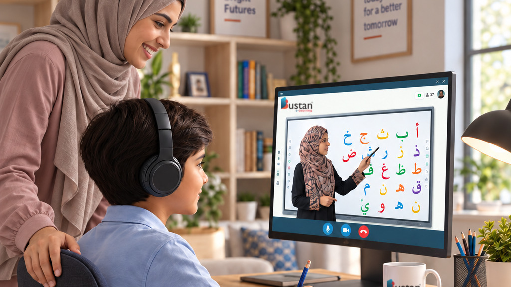 A boy in headphones following an Arabic alphabet lesson at the family desk, his mother watching over his shoulder