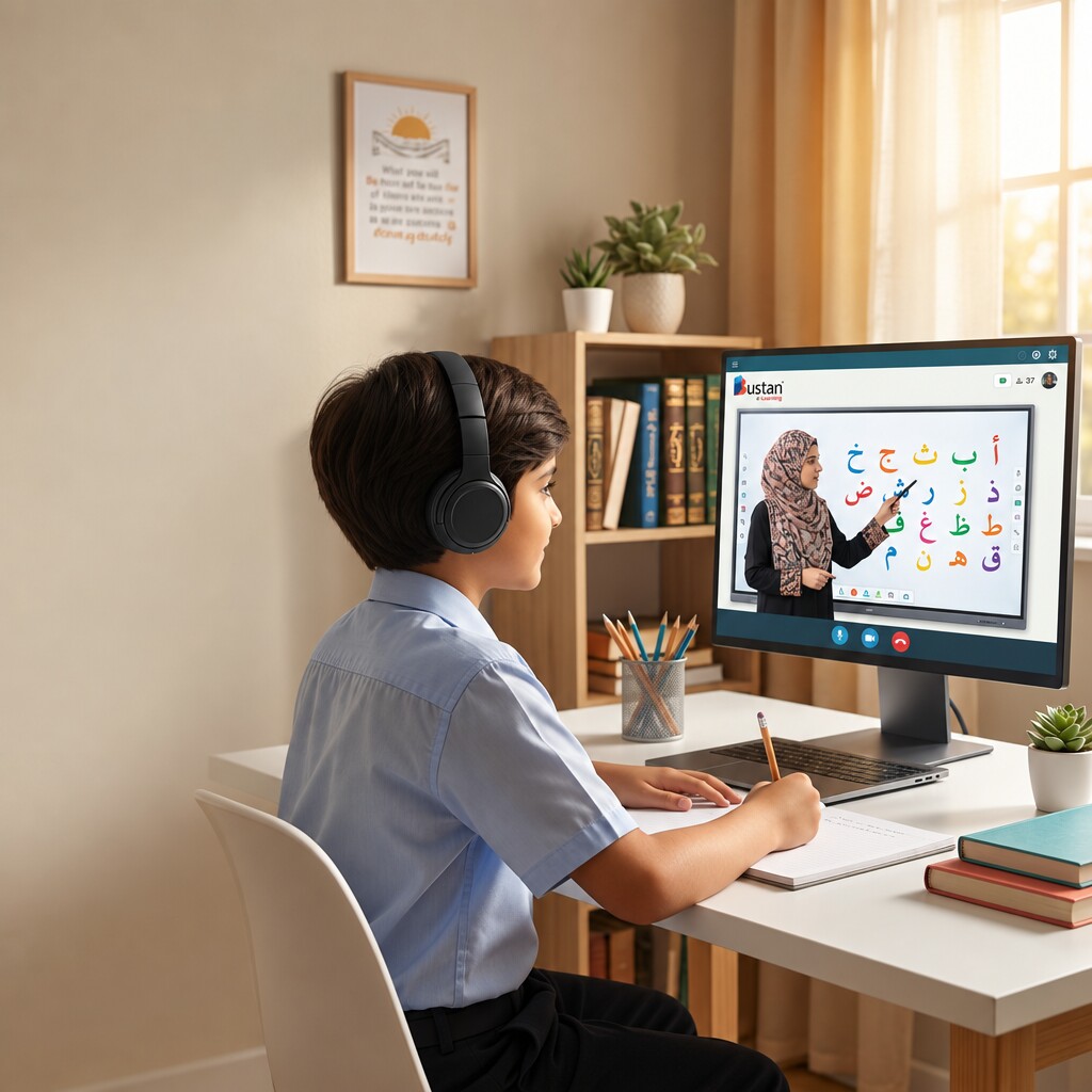A child reading Arabic letters with her teacher on screen