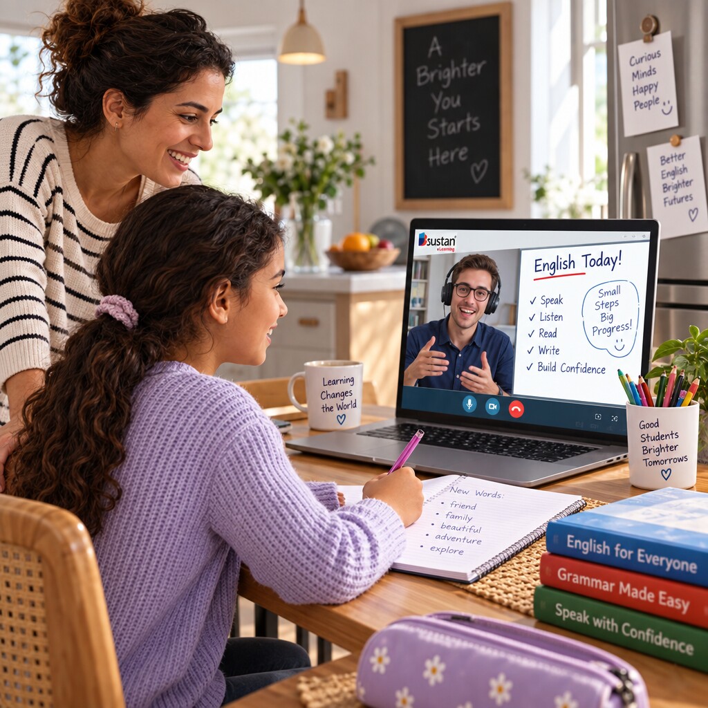 A child reading aloud with her teacher on screen while her mother listens beside her