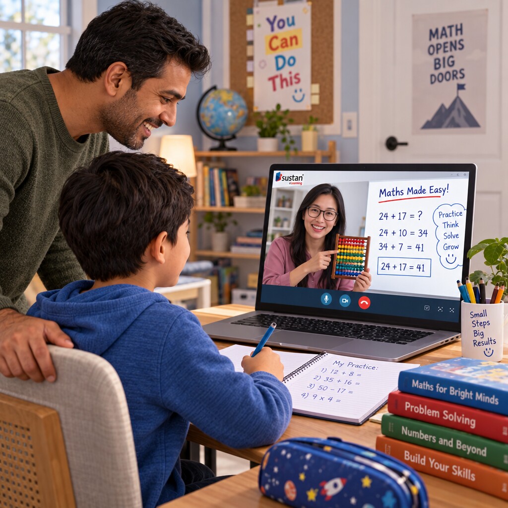 A boy working through a maths problem with his teacher on screen while his father watches