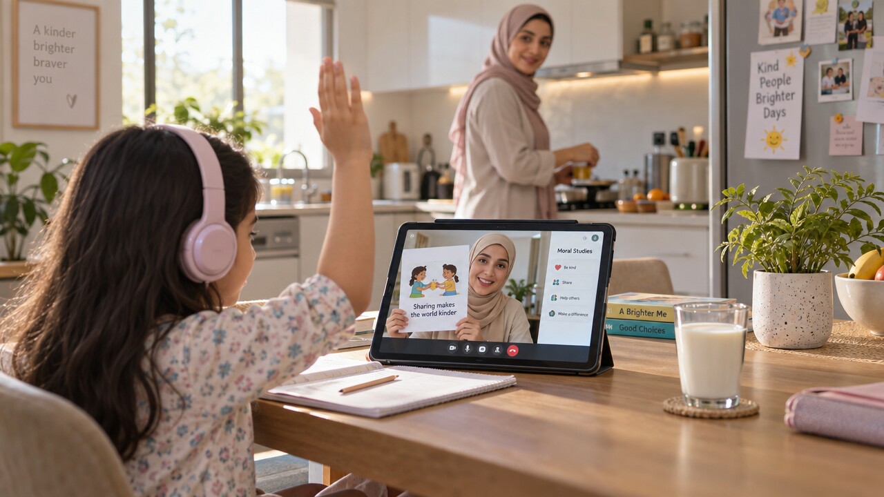 A girl raising her hand during a Moral Studies class on a tablet at the kitchen table