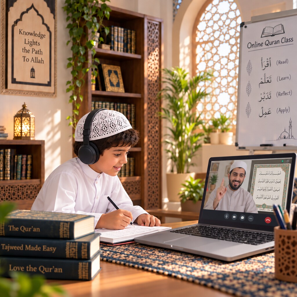 A boy reciting with his Qur&rsquo;an teacher in a live online class