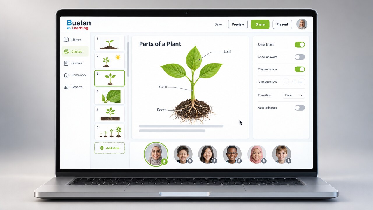 The lesson plan builder with a slide on the parts of a plant, its slide list down the left and its settings on the right
