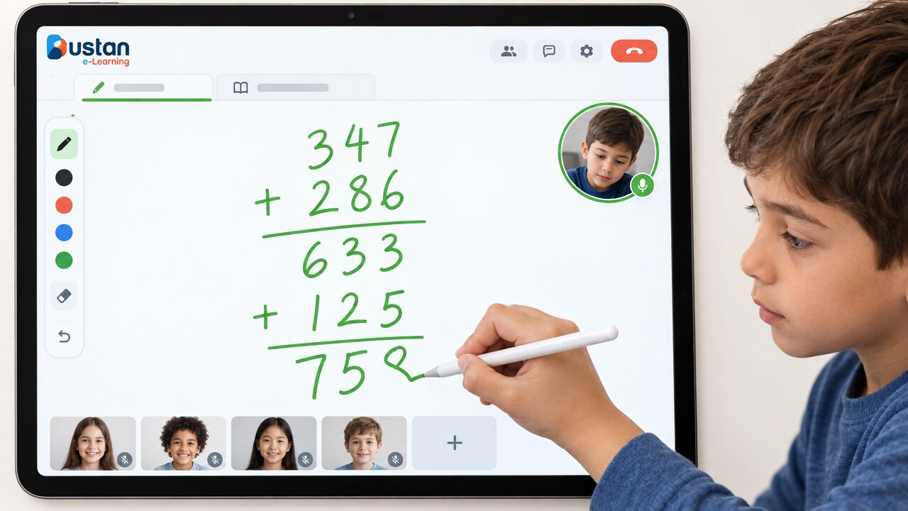 A boy writing a column addition onto the shared class whiteboard with a stylus on a tablet