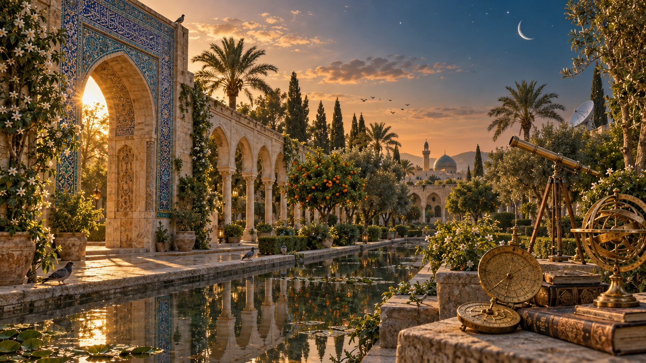 An Islamic garden at dusk where heritage architecture stands among orange trees, with a telescope, an astrolabe and an armillary sphere beside a reflecting pool