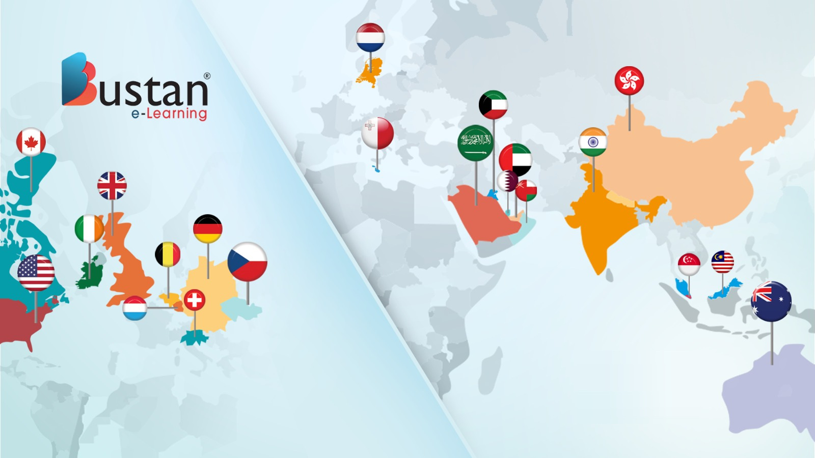 A world map with flags marking the countries Bustan teaches in, from Canada and the USA across Europe and the Middle East to India, south-east Asia and Australia
